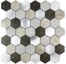Mozaikový obklad hexagon z prírodného kameňa a hliníka so štruktúrou kameňa a kovu na stenu a podlahu.