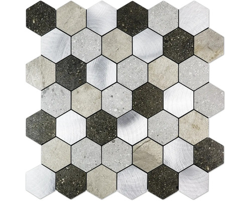 Mozaikový obklad hexagon z prírodného kameňa a hliníka so štruktúrou kameňa a kovu na stenu a podlahu.