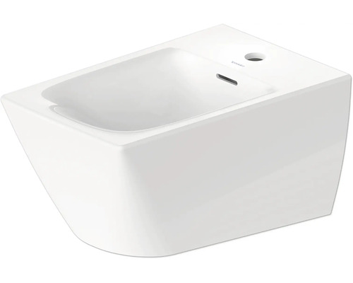 Závesný keramický bidet v bielej farbe s jedným otvorom pre batériu a prepadom.