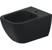 Závesný bidet z čiernej keramiky s jedným otvorom pre batériu a prepadom od Duravit.
