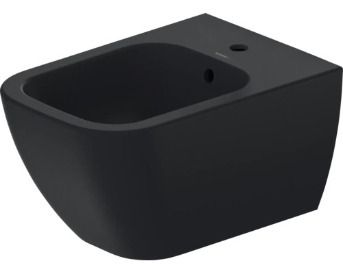 Závesný bidet z čiernej keramiky s jedným otvorom pre batériu a prepadom od Duravit.