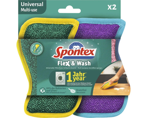 Mikrovláknové hubky Spontex Flex a Wash v balení po dvoch kusoch, nepoškriabu povrch, prateľné jeden rok, účinné proti baktériám a vírusom.