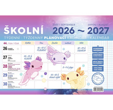 Školský týždenný plánovací kalendár 2026 až 2027 s motívom axolotlov a priestorom pre rodinných členov.