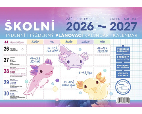 Školský týždenný plánovací kalendár 2026 až 2027 s motívom axolotlov a priestorom pre rodinných členov.