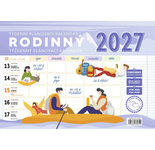 Rodinný týždenný plánovací kalendár 2027 so stĺpcami pre členov rodiny, ilustráciami aktivít a priestorom na poznámky.