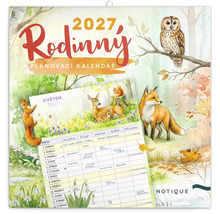 Rodinný plánovací kalendár 2027 s motívmi lesných zvierat, nástenný kalendár so stĺpcami pre členov rodiny, značka Notique.