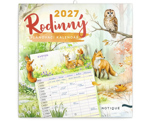 Rodinný plánovací kalendár 2027 s motívmi lesných zvierat, nástenný kalendár so stĺpcami pre členov rodiny, značka Notique.