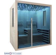 Moderná infrasauna, sklenené čelo, dve ergonomické lehátka, LED hviezdna obloha. Interiér zo svetlého dreva, bočné okná. Sanotechnik Logo.