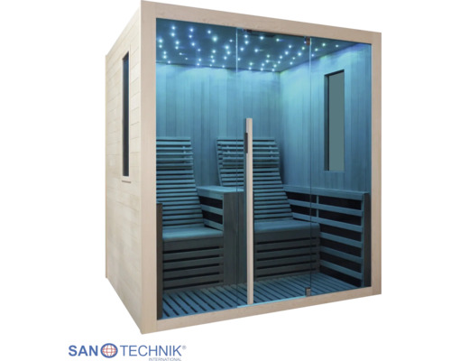 Moderná infrasauna, sklenené čelo, dve ergonomické lehátka, LED hviezdna obloha. Interiér zo svetlého dreva, bočné okná. Sanotechnik Logo.