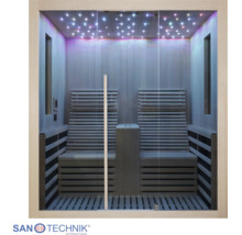 Infrasauna pre dve osoby s drevenými lamelami, sklenenou prednou časťou a osvetlením hviezdnej oblohy na strope. Sanotechnik International Logo.