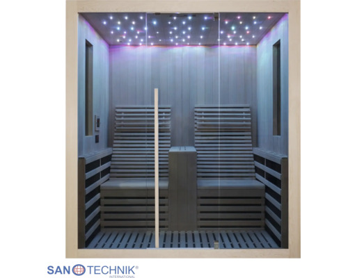 Infrasauna pre dve osoby s drevenými lamelami, sklenenou prednou časťou a osvetlením hviezdnej oblohy na strope. Sanotechnik International Logo.