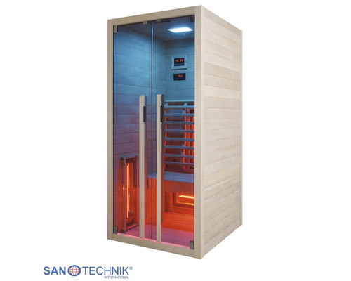 Infrasauna Sanotechnik z dreva so sklenenou prednou stenou, madlami, lavičkou, ohrievacími telesami a digitálnym ovládaním. Logo Sanotechnik.
