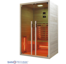 Infrasauna Sanotechnik s presklenou prednou stranou, drevenou lavicou, infračervenými žiaričmi a digitálnym ovládacím panelom.