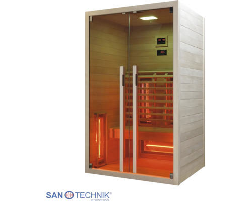 Infrasauna Sanotechnik s presklenou prednou stranou, drevenou lavicou, infračervenými žiaričmi a digitálnym ovládacím panelom.