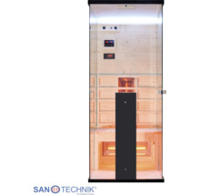 Infrasauna Sanotechnik s preskleným čelom, dreveným interiérom, lavicou, digitálnym ovládacím panelom a žiaričmi. Sanotechnik Logo.