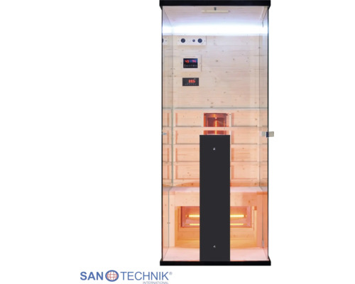 Infrasauna Sanotechnik s preskleným čelom, dreveným interiérom, lavicou, digitálnym ovládacím panelom a žiaričmi. Sanotechnik Logo.