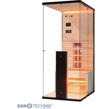 Infrasauna so sklenenými stenami, dreveným interiérom, infračerveným žiaričom, lavicou a digitálnym ovládaním. Sanotechnik Logo.