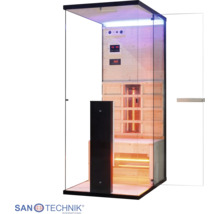 Infrasauna Sanotechnik pre jednu osobu s čiernym rámom, sklenenými stenami a dreveným interiérom. Logo Sanotechnik International.