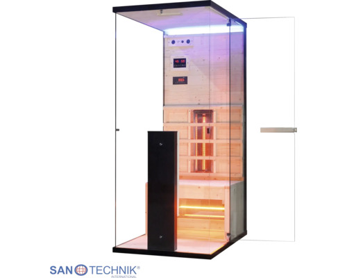 Infrasauna Sanotechnik pre jednu osobu s čiernym rámom, sklenenými stenami a dreveným interiérom. Logo Sanotechnik International.
