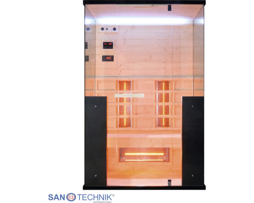 Infrasauna so skleneným priečelím, svetlým dreveným obložením, infračervenými žiaričmi a digitálnym ovládaním. Logo Sanotechnik International.
