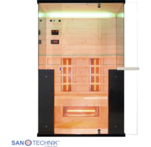 Infrasauna Sanotechnik s preskleným čelom, dreveným interiérom, vnútorným osvetlením a digitálnym ovládacím panelom.