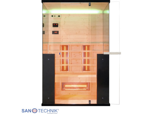 Infrasauna Sanotechnik s preskleným čelom, dreveným interiérom, vnútorným osvetlením a digitálnym ovládacím panelom.