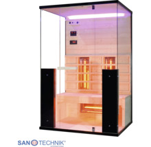 Infrasauna Sanotechnik so sklenenými stenami, dreveným interiérom, lavicou a infražiaričmi a Sanotechnik International Logo.