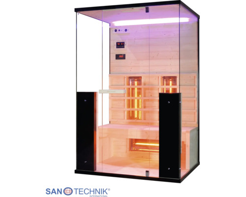 Infrasauna Sanotechnik so sklenenými stenami, dreveným interiérom, lavicou a infražiaričmi a Sanotechnik International Logo.