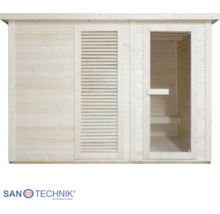 Sauna Sanotechnik z dreva so sklenenými dverami a drevenými lamelami.