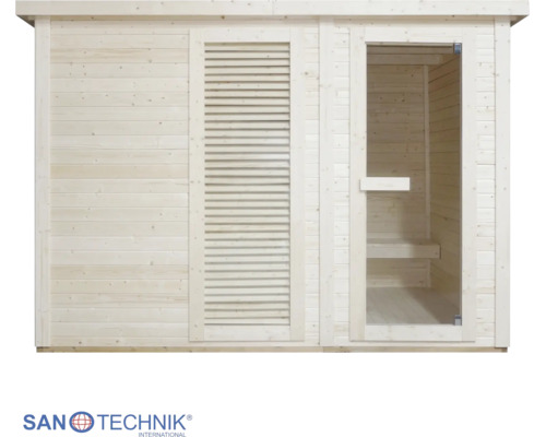 Sauna Sanotechnik z dreva so sklenenými dverami a drevenými lamelami.