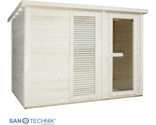 Vonkajšia sauna Sanotechnik z dreva na záhradu s presklenými dverami a lamelovým oknom.