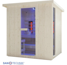 Infrasauna Sanotechnik zo svetlého dreva so sklenenými dverami, bočným oknom a vnútornými lavicami. Sanotechnik Logo.