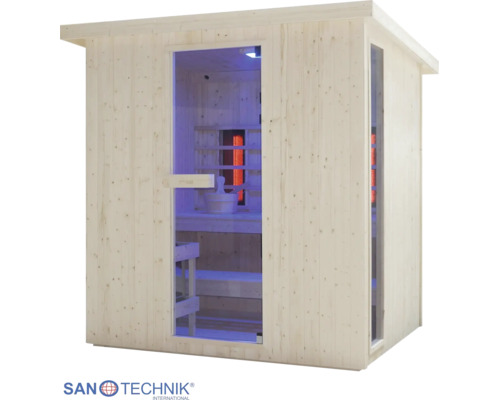 Infrasauna Sanotechnik zo svetlého dreva so sklenenými dverami, bočným oknom a vnútornými lavicami. Sanotechnik Logo.