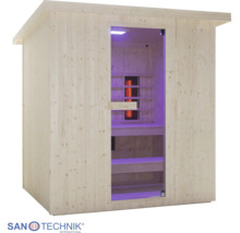 Infrasauna Sanotechnik z dreva so sklenenými dverami, drevenými lavicami a vnútorným osvetlením. Sanotechnik Logo.