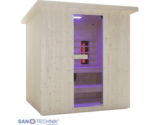 Infrasauna Sanotechnik z dreva so sklenenými dverami, drevenými lavicami a vnútorným osvetlením. Sanotechnik Logo.