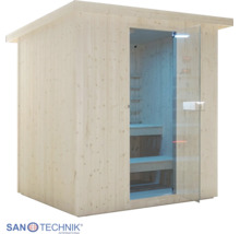 Drevená sauna Sanotechnik so sklenenými dverami a lavicami z masívneho dreva. Logo Sanotechnik International.