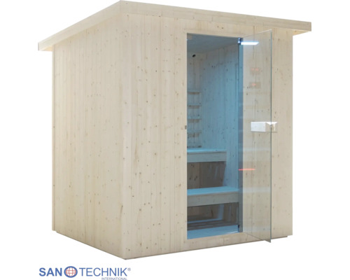 Drevená sauna Sanotechnik so sklenenými dverami a lavicami z masívneho dreva. Logo Sanotechnik International.