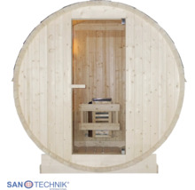 Sudová sauna zo svetlého dreva s presklenými dverami a saunovou pecou. Sanotechnik International Logo.
