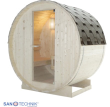 Kruhová sudová sauna zo svetlého dreva s presklenými dverami, tmavými šindľami a vnútorným osvetlením. Logo Sanotechnik.