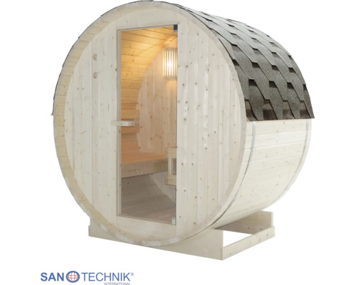 Kruhová sudová sauna zo svetlého dreva s presklenými dverami, tmavými šindľami a vnútorným osvetlením. Logo Sanotechnik.