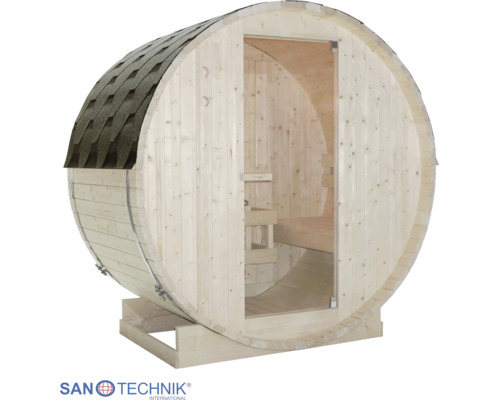 Sudová sauna zo svetlého dreva s presklenými dverami, šindľovou strechou a vnútornými lavicami na podstavci. Sanotechnik International Logo.