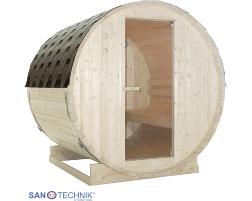 Sudová sauna zo svetlého dreva s celosklenenými dverami, tmavou šindľovou strechou a stabilným dreveným podstavcom. SanoTechnik Logo.