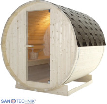 Sudová sauna z dreva s presklenými dverami, strechou s asfaltovými šindľami, lavicou, vedrom do sauny a Sanotechnik International Logo.