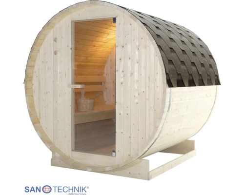 Sudová sauna z dreva s presklenými dverami, strechou s asfaltovými šindľami, lavicou, vedrom do sauny a Sanotechnik International Logo.