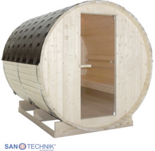 Sudová sauna zo svetlého dreva s tmavou šindľovou strechou, sklenenými dverami a drevenými lavicami vo vnútri. SanoTechnik Logo.