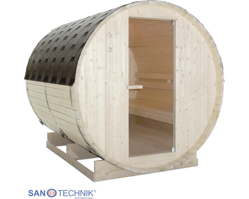 Sudová sauna zo svetlého dreva s tmavou šindľovou strechou, sklenenými dverami a drevenými lavicami vo vnútri. SanoTechnik Logo.