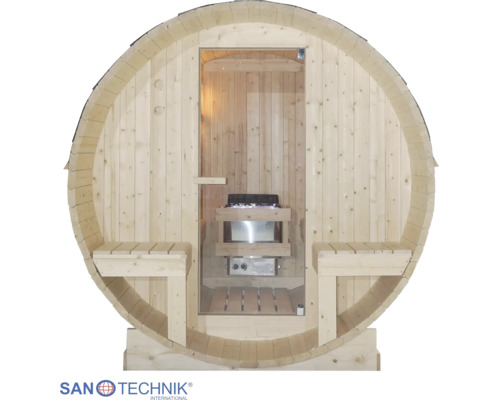 Sudová sauna Sanotechnik zo svetlého dreva so sklenenými dverami, vonkajšími lavičkami a saunovou pecou vo vnútri. Sanotechnik International Logo.