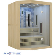 Moderná rohová infrasauna s preskleným čelom, drevenými lavicami, infražiaričmi a zadnou stenou s dekorom kameňa. Sanotechnik International Logo.