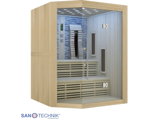 Moderná rohová infrasauna s preskleným čelom, drevenými lavicami, infražiaričmi a zadnou stenou s dekorom kameňa. Sanotechnik International Logo.