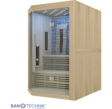 Infrasauna zo svetlého dreva s presklenými dverami, dvoma drevenými lavicami, stropným osvetlením a zadnou stenou so vzhľadom kameňa. Sanotechnik Logo.
